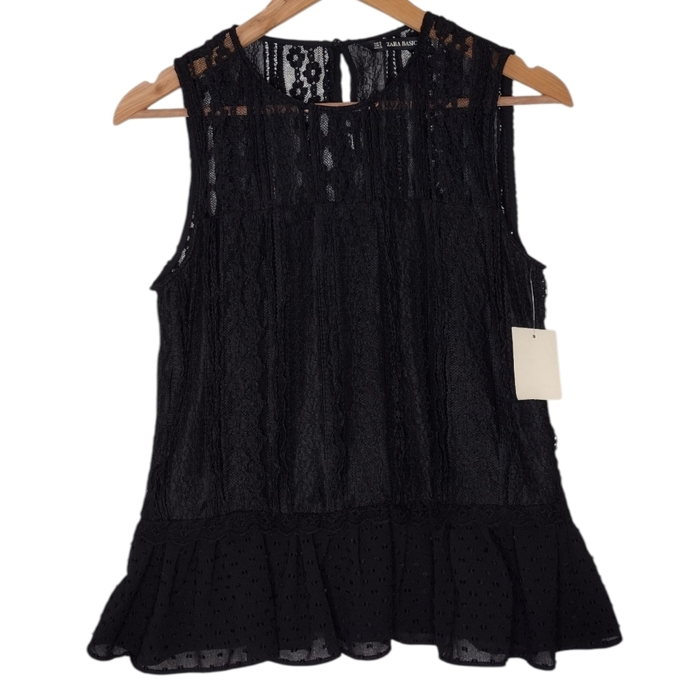 NWT Zara Vamp Fairygoth Lace Black Ruffled Peplum Blouse Sz S